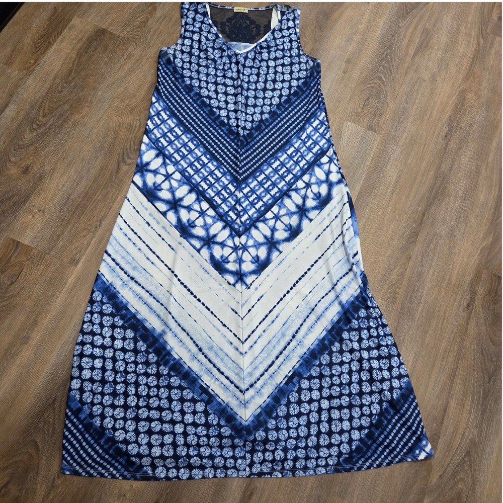 One World Blue White Tie Dye Chevron Lace Mesh Back Sleeveless Maxi Dress XL